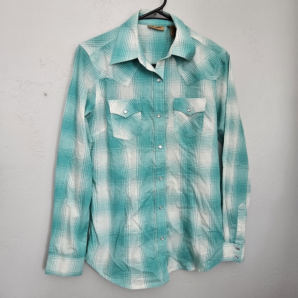 Wrangler Women's Medium Teal Blue White Plaid Shirt Long Sleeve Button Up Top